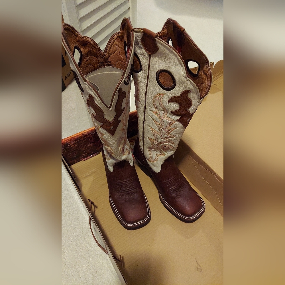 Tony Lama Knee High Boots in Brown and Cream